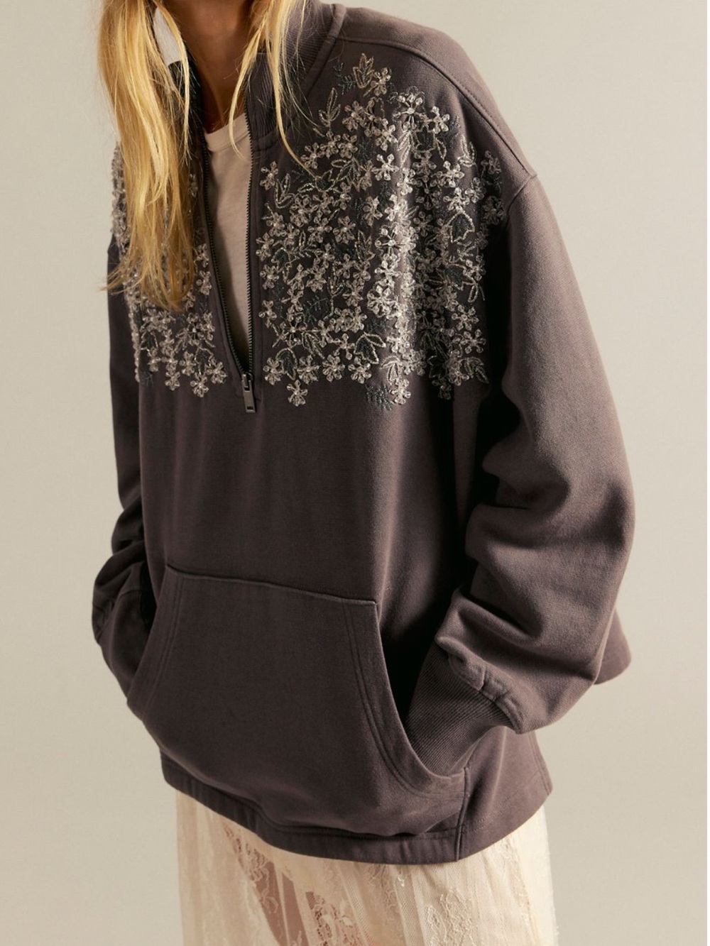 Free People Girls Night Out Embellished Half-Zip Sweatshirt 💯 Cotton